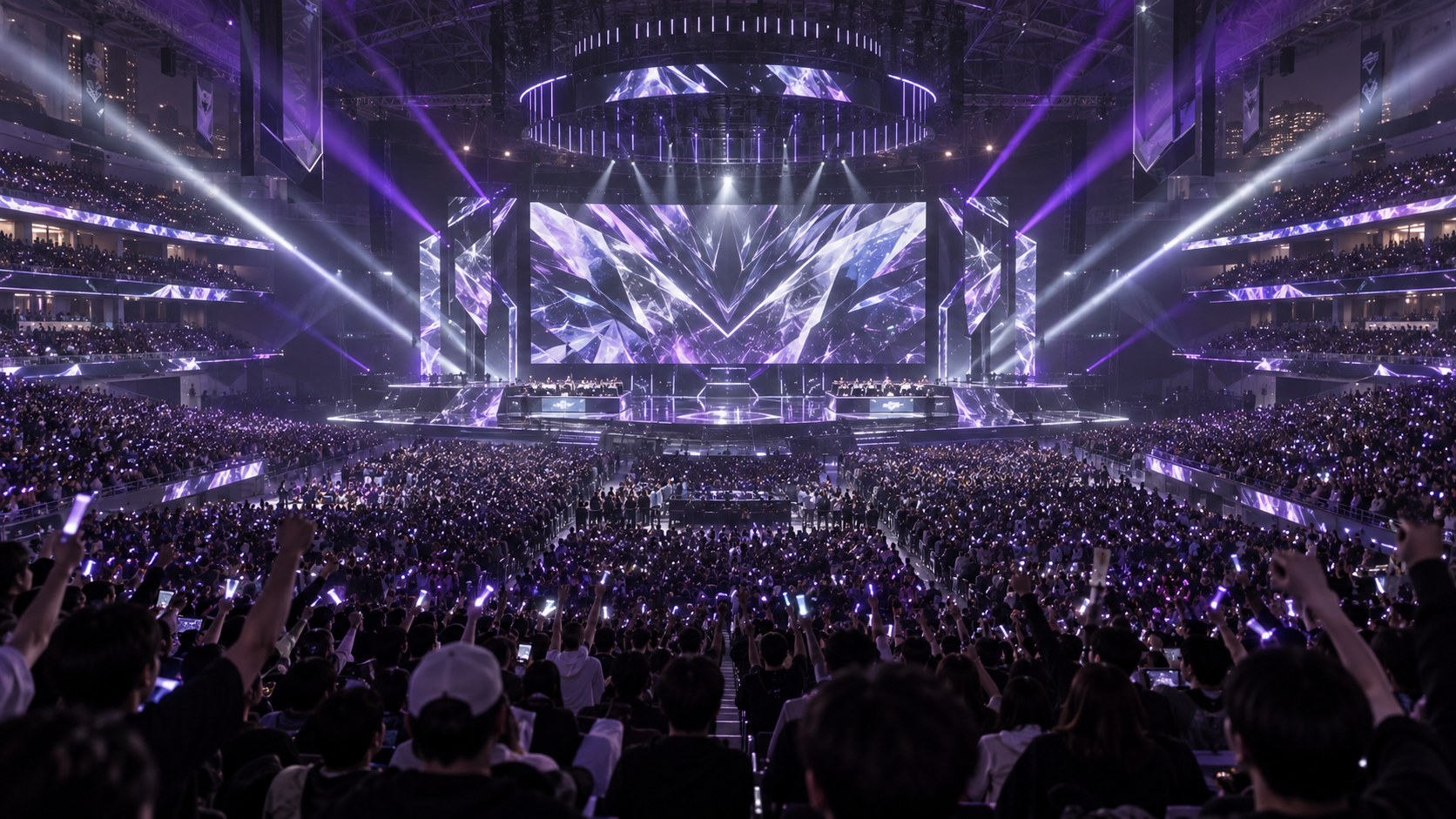A packed esports arena with purple spotlights sweeping over the crowd