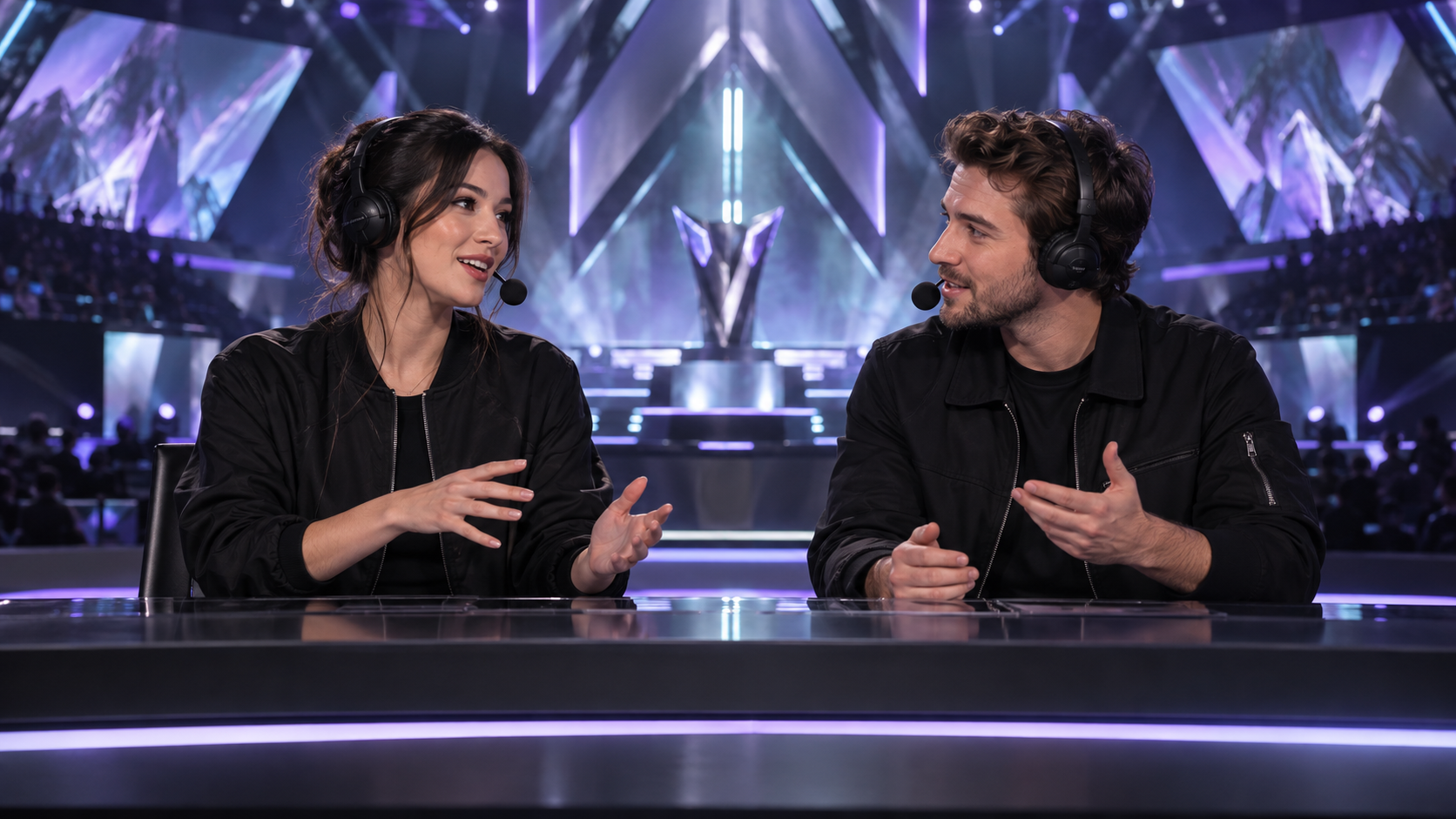 Two hosts discussing the championship in a purple-lit broadcast studio
