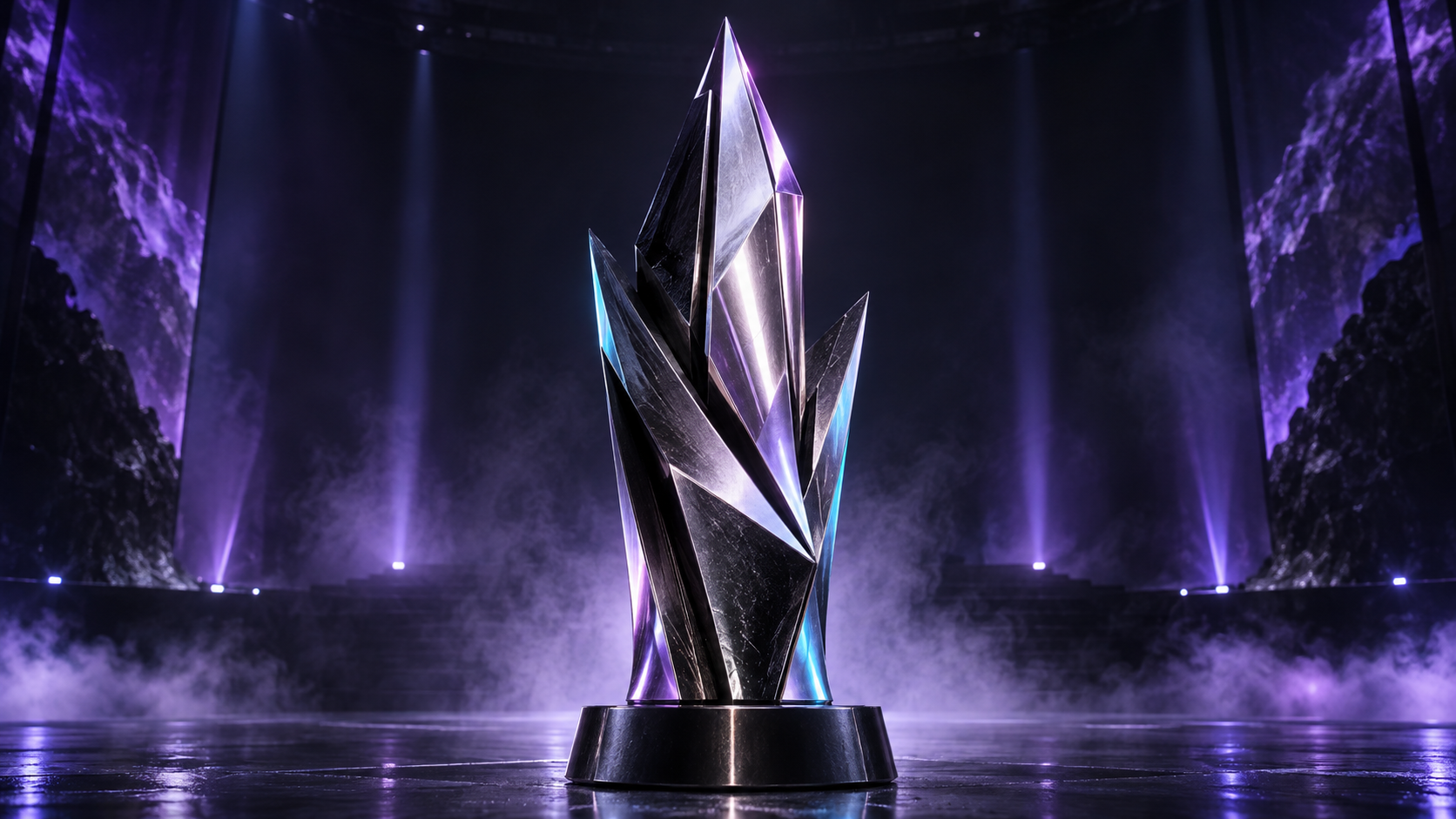 An angular silver championship trophy with violet and cyan reflections